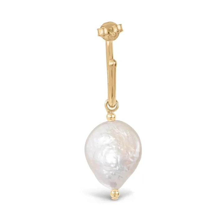 Back view of gold hoop earring with post and butterfly fastening and coin pearl drop