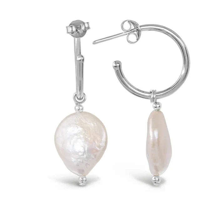 Sterling silver hoop earrings with coin pearl drops, front view showing natural freshwater pearl shape