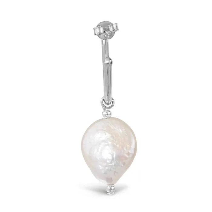 Back view of sterling silver hoop earring with post and butterfly fastening and coin pearl drop