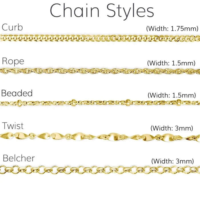 Curb, rope and belcher 18ct gold vermeil chain styles for Lily Blanche necklaces, compared side by side.