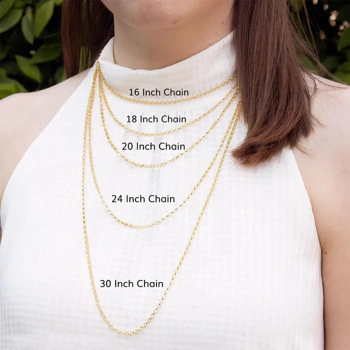 Chain-length guide showing a model wearing layered gold necklaces at 16, 18, 20, 24 and 30 inches.