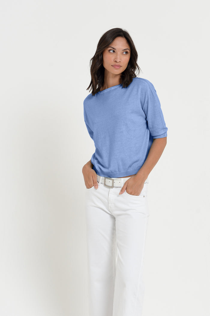 Kriss Knit - Women's Short Sleeve Cropped Sweater - Bay