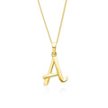 Solid gold initial A pendant necklace on fine chain, polished finish on white background