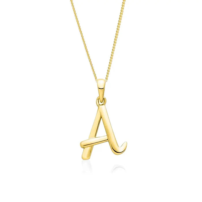 Solid gold initial A pendant necklace on fine chain, polished finish on white background