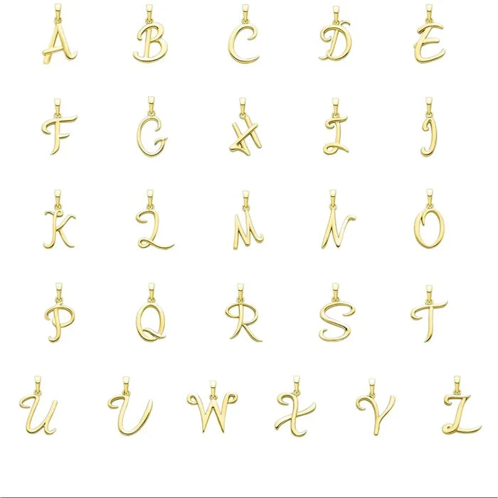 Solid gold alphabet initial necklaces A to Z, personalised letter pendants on fine chains, luxury gift jewellery