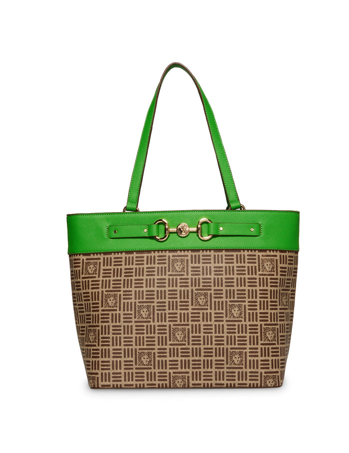 Anne Klein Cream Brown Lion Logo/Grass Green Large Lion Logo Tote