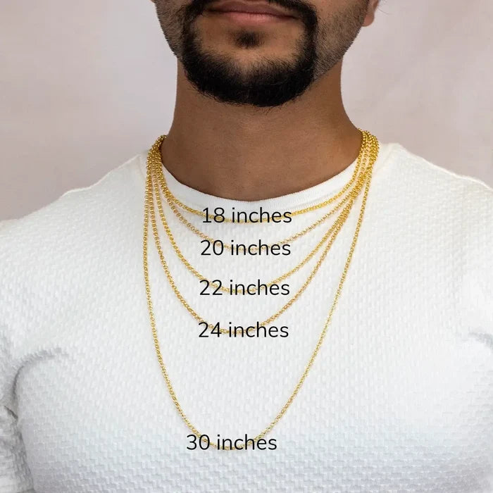 Men’s necklace length guide showing how chain lengths sit on the body.