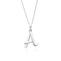 Sterling silver initial A pendant necklace on fine chain, polished finish on white background