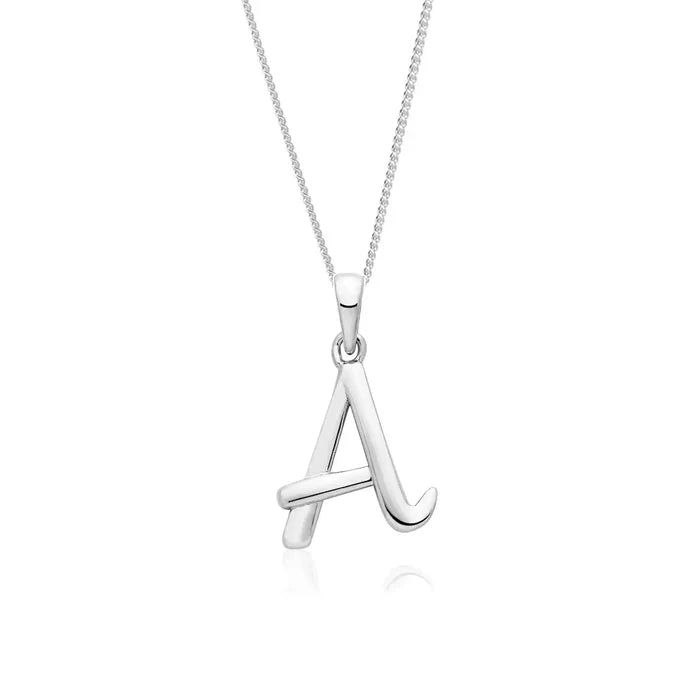 Sterling silver initial A pendant necklace on fine chain, polished finish on white background