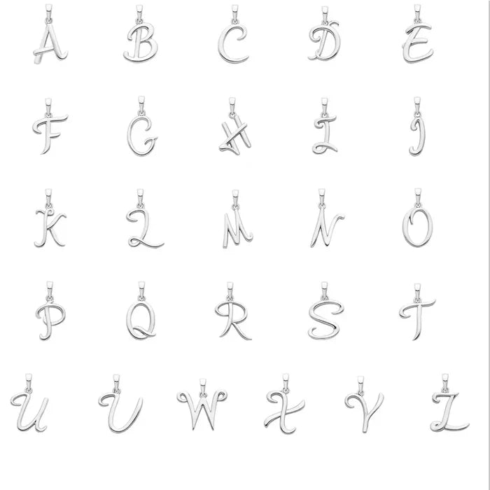 Sterling silver initial pendant necklace alphabet collection A to Z, polished letter charms on white background