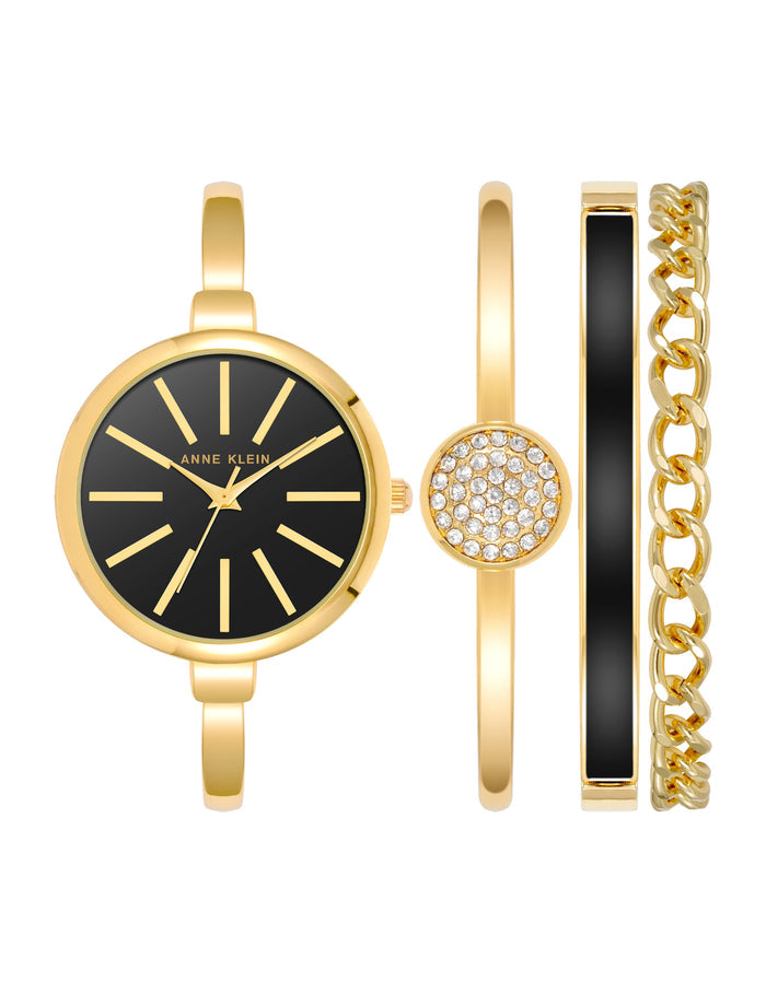 Anne Klein Gold-Tone/Black Layered Watch and Bracelet Jewelry Set