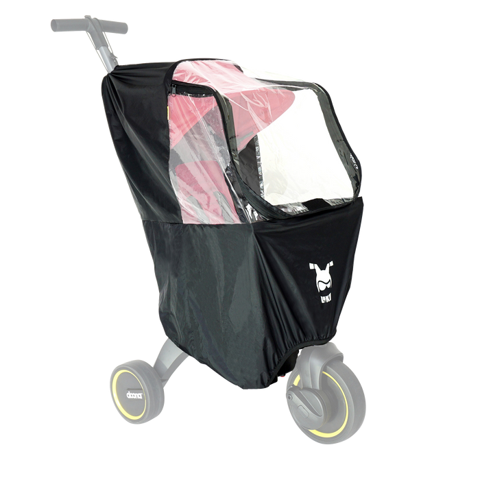 A black rain cover fitted on a Liki tricycle, made of transparent material with side holes for ventilation.