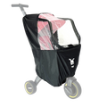 A black rain cover fitted on a Liki tricycle, made of transparent material with side holes for ventilation.