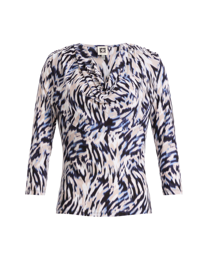 Anne Klein DUTCH BLUE MULTI Long Sleeve Cowl Neck Top