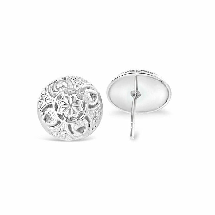 front and back view of white gold memory keeper earrings on a white background
