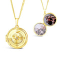 Gold compass locket necklace with engraved front and open interior showing space for two photos, white background