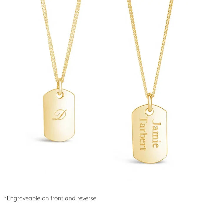 Gold dog tag pendant necklace showing front initial engraving and reverse personalised name engraving on a belcher chain with note “engraveable on front and reverse”