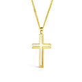 Large gold cross necklace by Lily Blanche , sturdy gold curb chain, high polish finish, bevelled edges, pendant for men and women, white background.