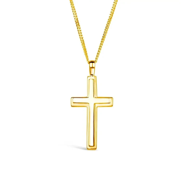 Large gold cross necklace by Lily Blanche , sturdy gold curb chain, high polish finish, bevelled edges, pendant for men and women, white background.
