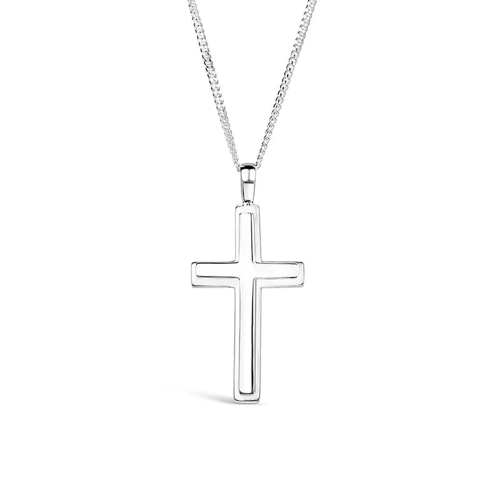 Sterling silver cross pendant necklace on chain, classic jewellery gift with polished finish on white background by Lily Blanche.