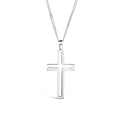 Sterling silver cross pendant necklace on chain, classic jewellery gift with polished finish on white background by Lily Blanche.