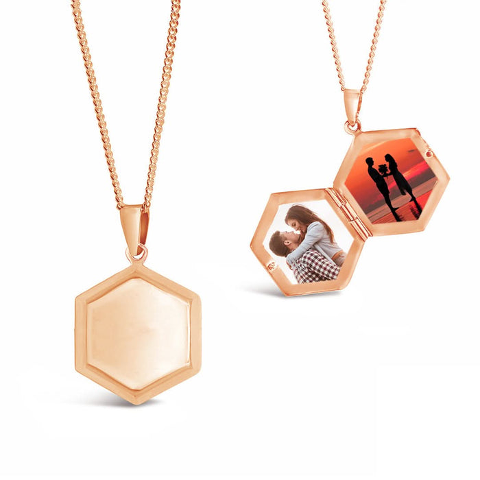 men's hexagon locket in rose gold on a white background