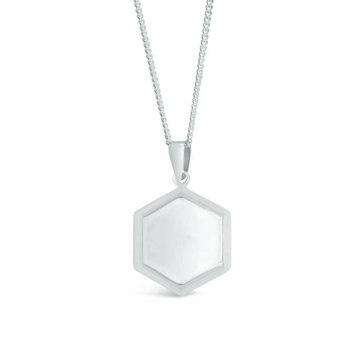 front view of men's hexagon locket in silver on a white background