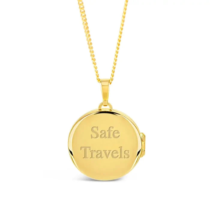 Gold St Christopher locket with engraved message “Safe Travels” on the polished back