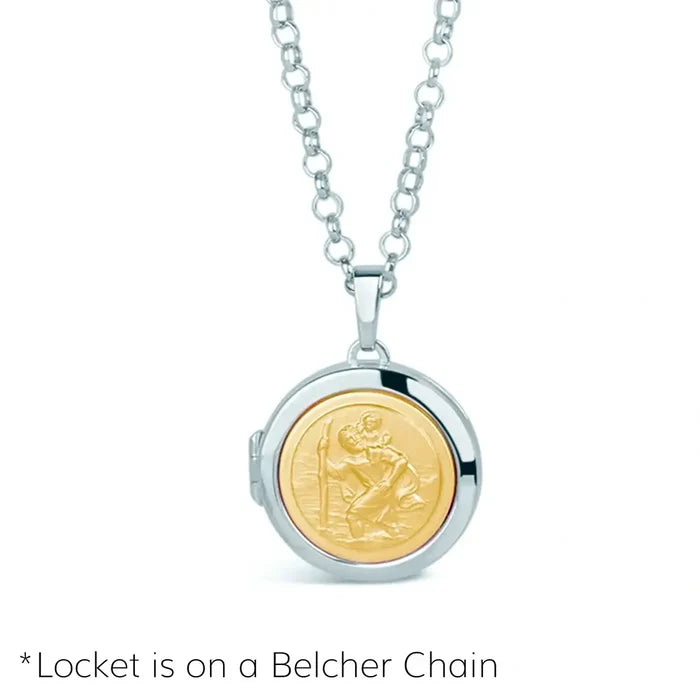 Sterling silver St Christopher locket with gold insert, round pendant necklace on white background