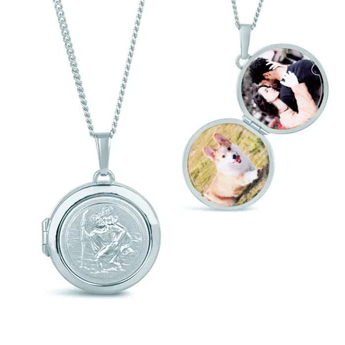 Sterling silver St Christopher locket shown closed alongside open view displaying two personalised photos inside