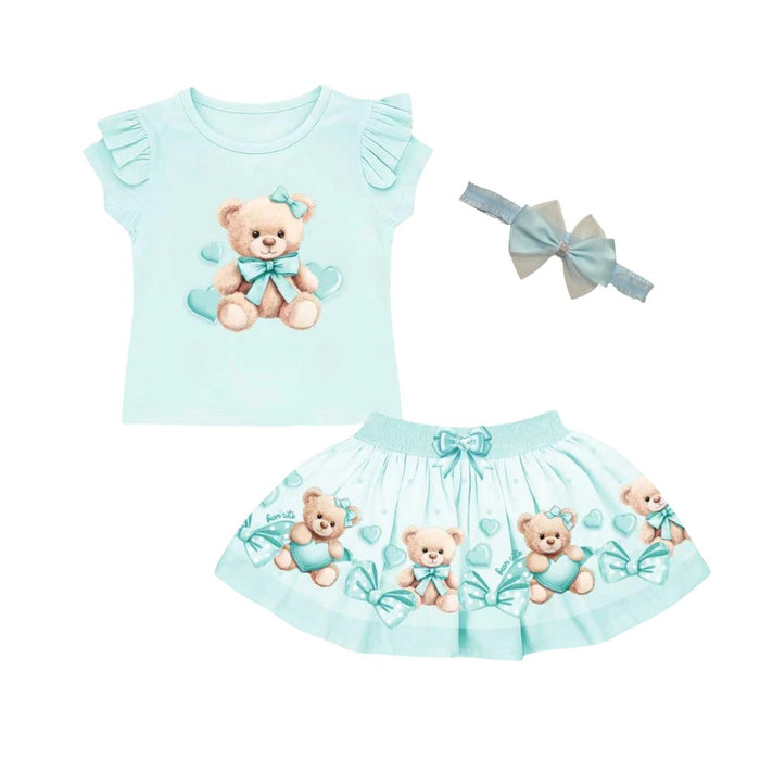 Mint Teddy & Hearts Skirt Set & Headband