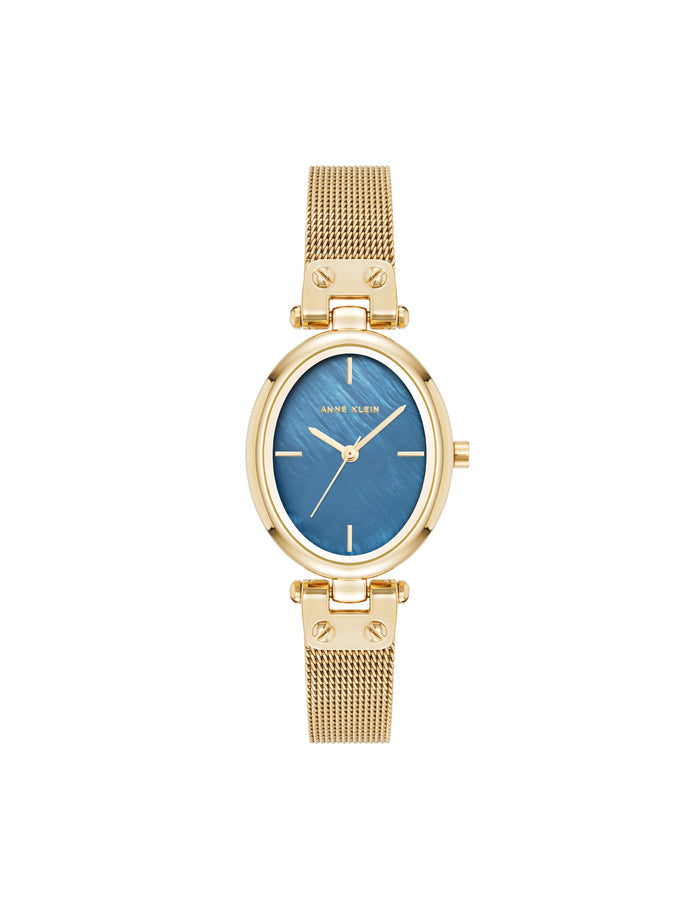 Anne Klein Gold-Tone/Blue Oval Mesh Bracelet Watch