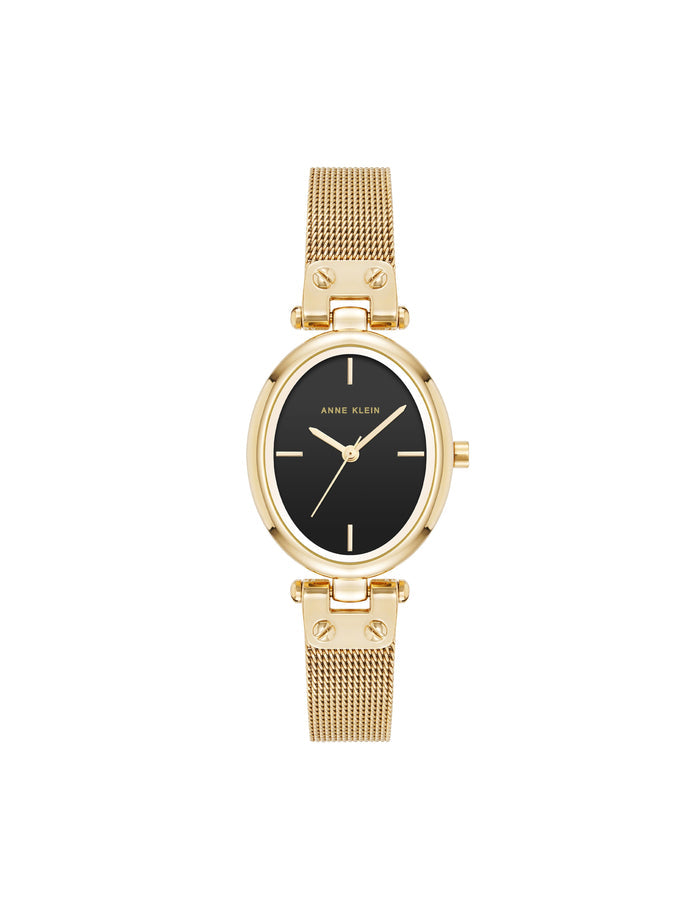Anne Klein Gold-Tone/Black Oval Mesh Bracelet Watch