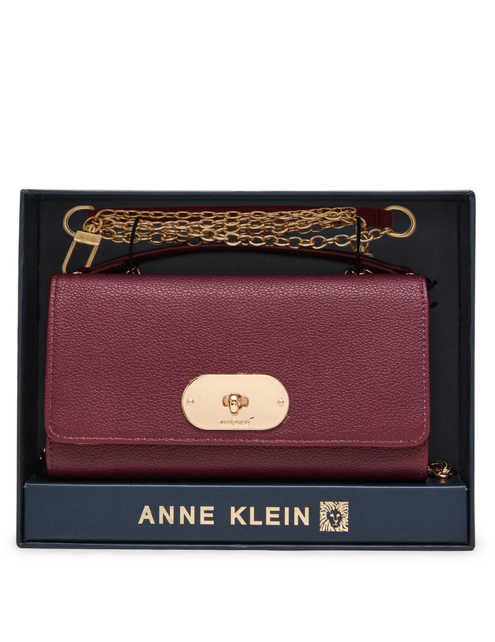 Anne Klein DEEP MERLOT Oval Turnlock Boxed Wallet on Chain