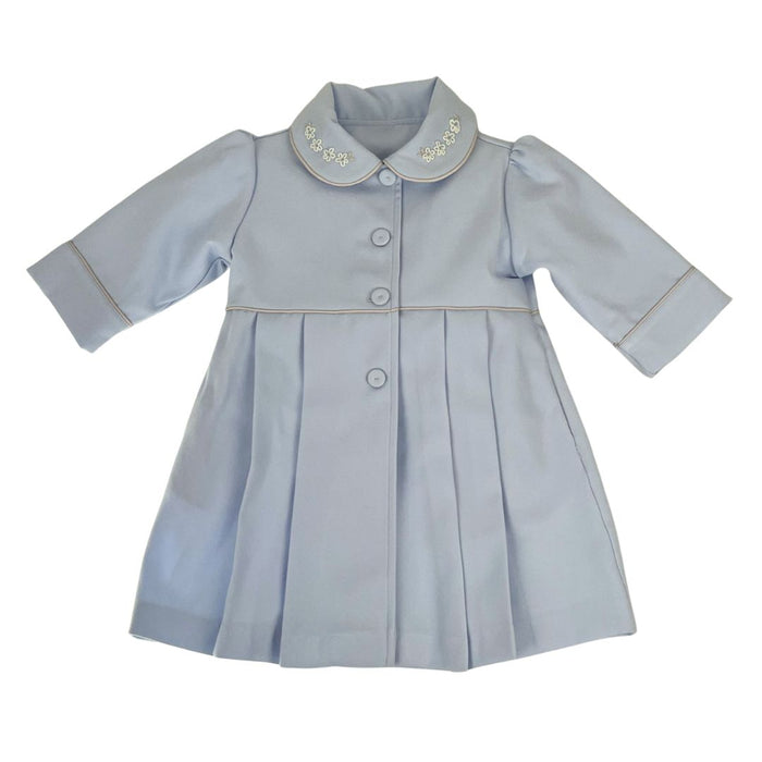 Pale Blue Embroidered Pleat Dress, Coat & Hat