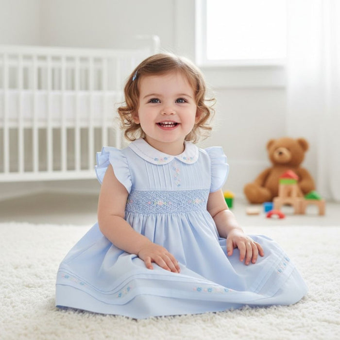 Pale Blue Frill Sleeve Smocked Dress