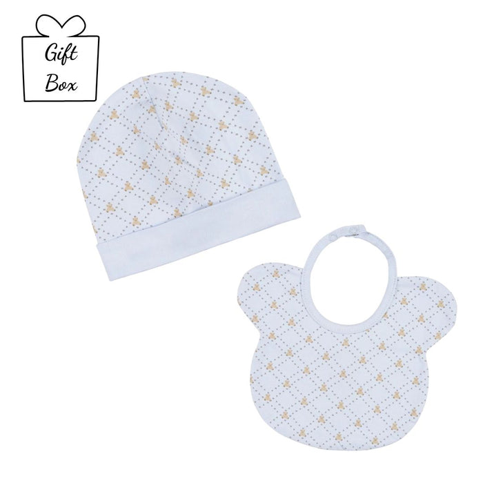 Pale Blue Teddy Print Hat & Bib Set