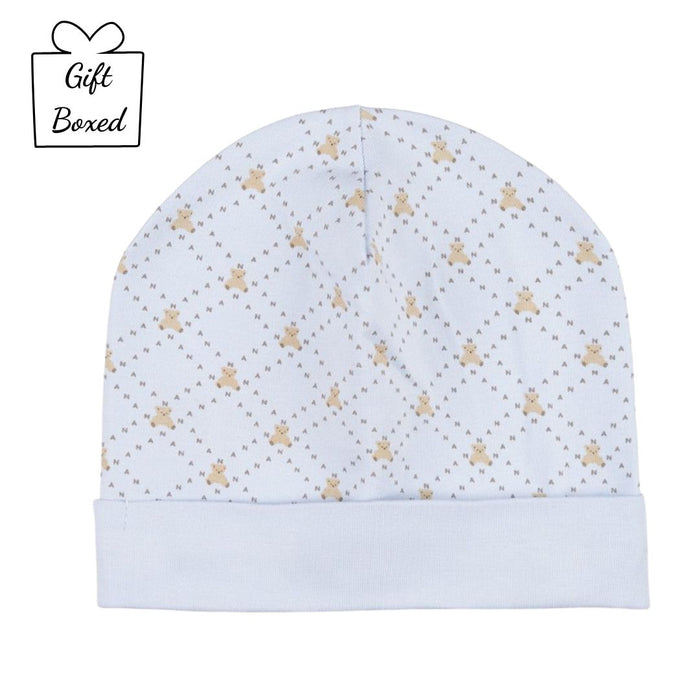 Pale Blue Teddy Print Hat & Bib Set