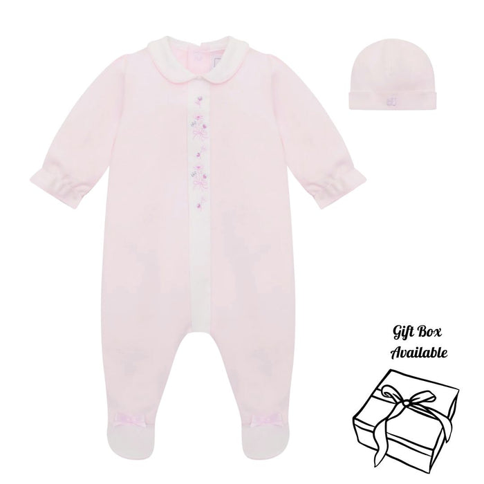 Pale Pink Floral Panel Babygrow & Hat