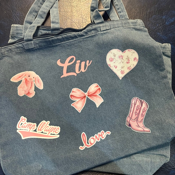 Patch Decal Denim Zippered Tote