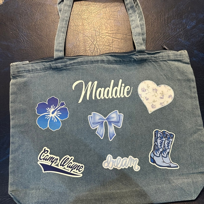 Patch Decal Denim Zippered Tote