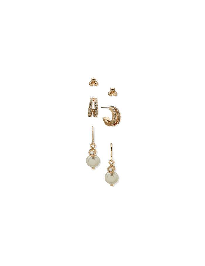 Anne Klein Gold Tone Pearl and Crystal Trio Pierced Earring Set