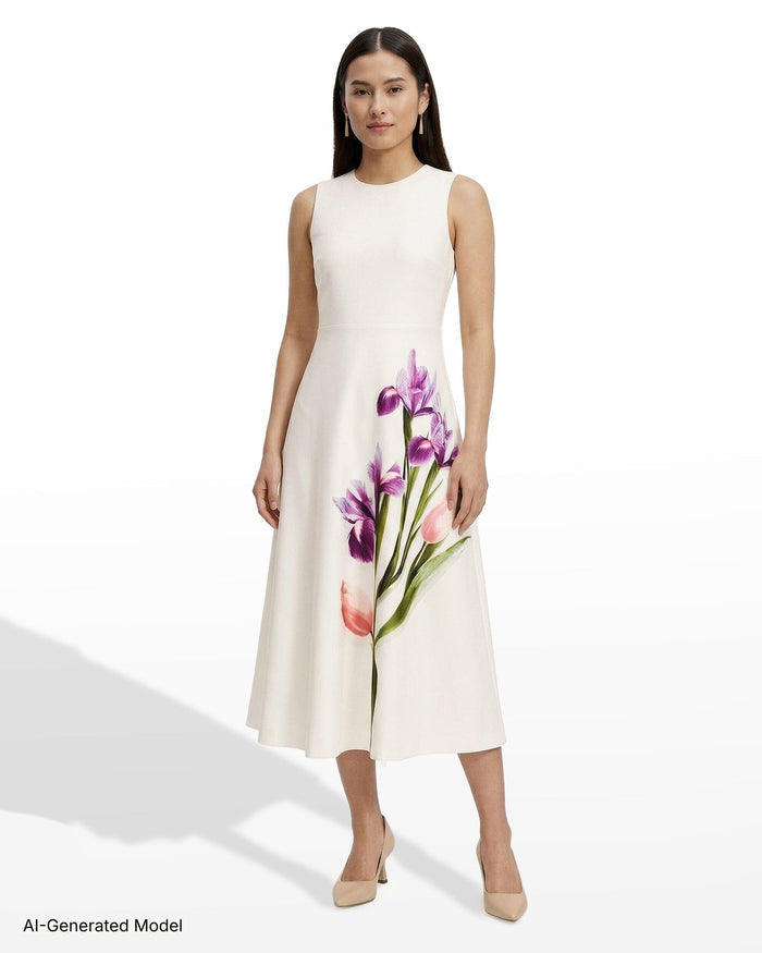 Anne Klein Petite Crew Neck A-Line Midi Dress with Floral Print
