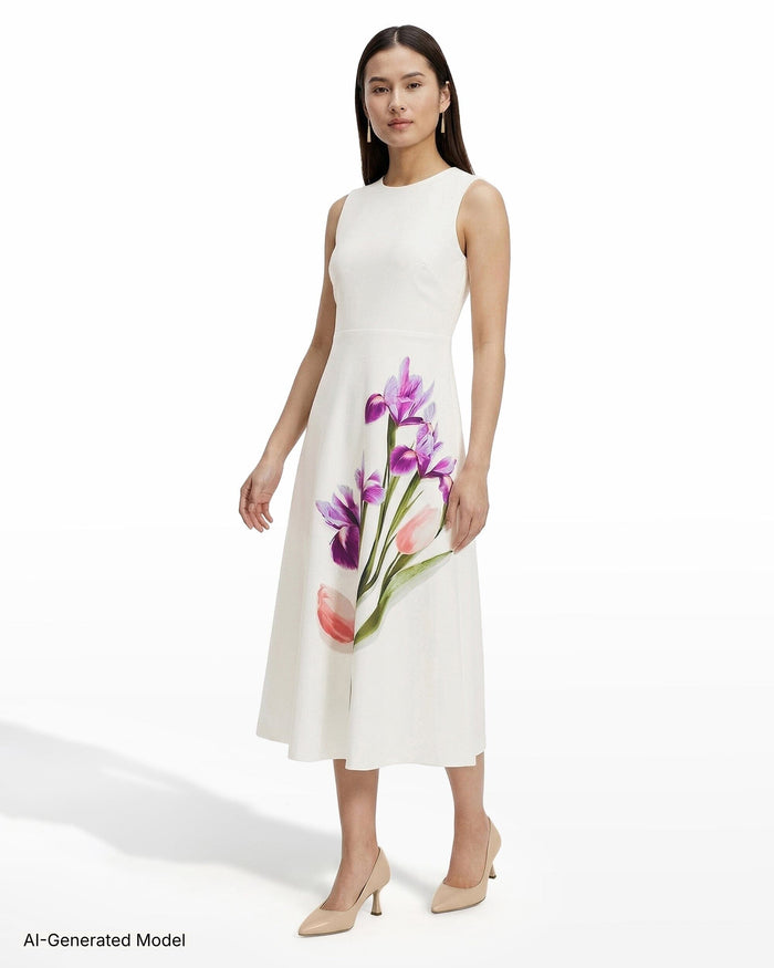 Anne Klein Petite Crew Neck A-Line Midi Dress with Floral Print