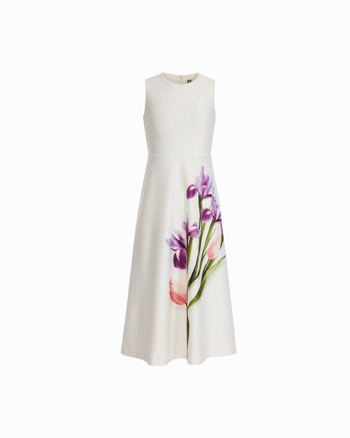 Anne Klein Petite Crew Neck A-Line Midi Dress with Floral Print