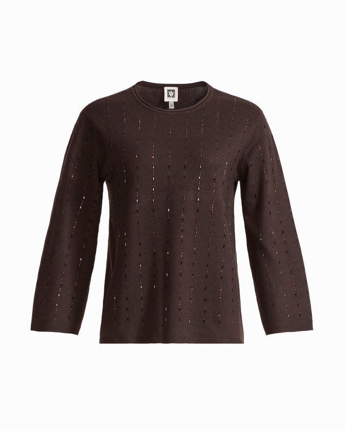 Anne Klein DEEP MAHOGANY Petite Heat Set Crew Neck Long Sleeve Sweater
