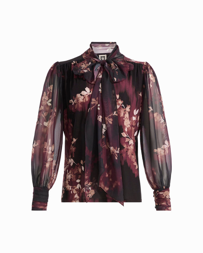 Anne Klein ANNE BLACK MULTI Petite Long Sleeve Bow Tie Top