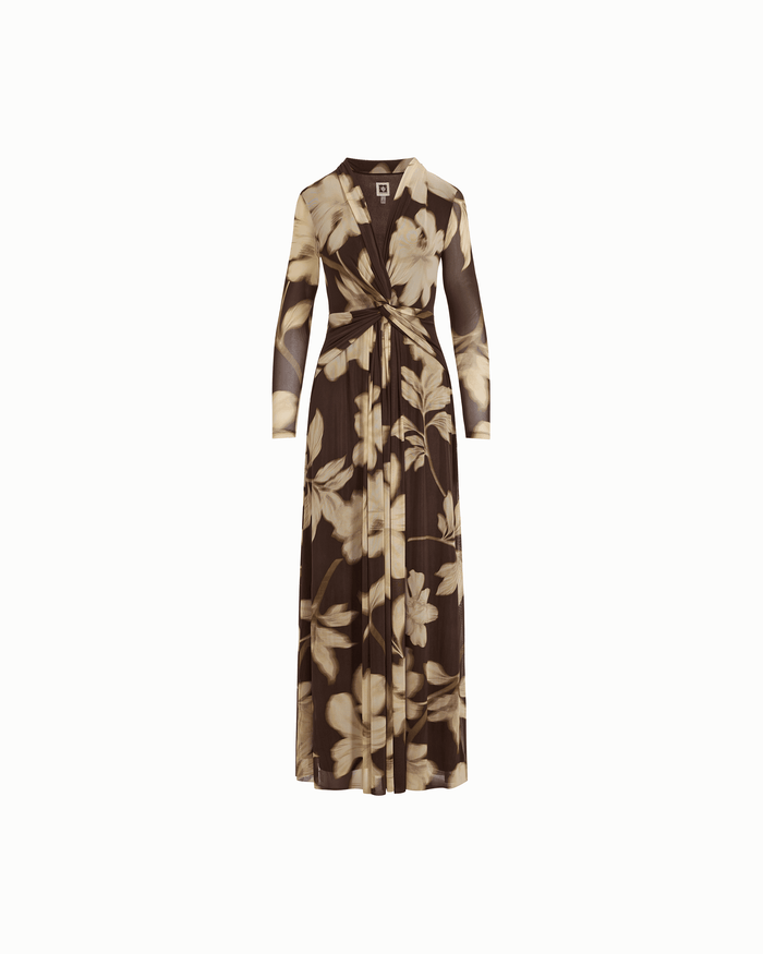Anne Klein MOLASSES MULTI Petite Twist Front V-Neck Long Sleeve Maxi Dress
