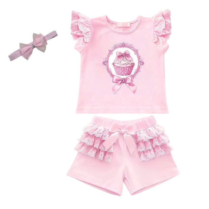 Pink Cupcake Shorts Set & Headband