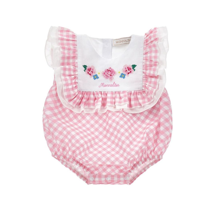 Pink Gingham Embroidered Romper
